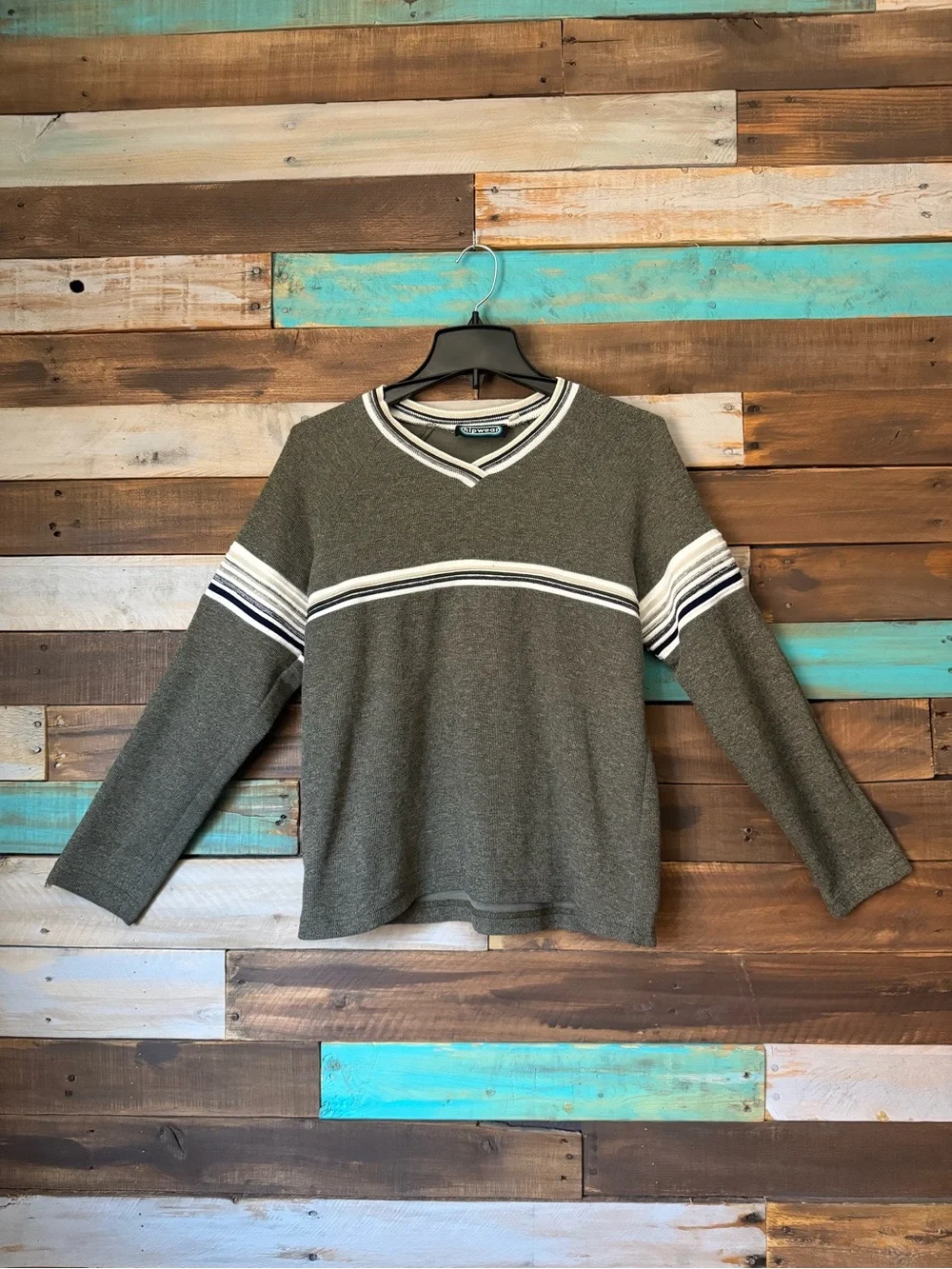 Vintage Hipwear Olive Green Striped V-Neck Sweater Y2K Skater Grunge |Size L - Picture 1 of 8